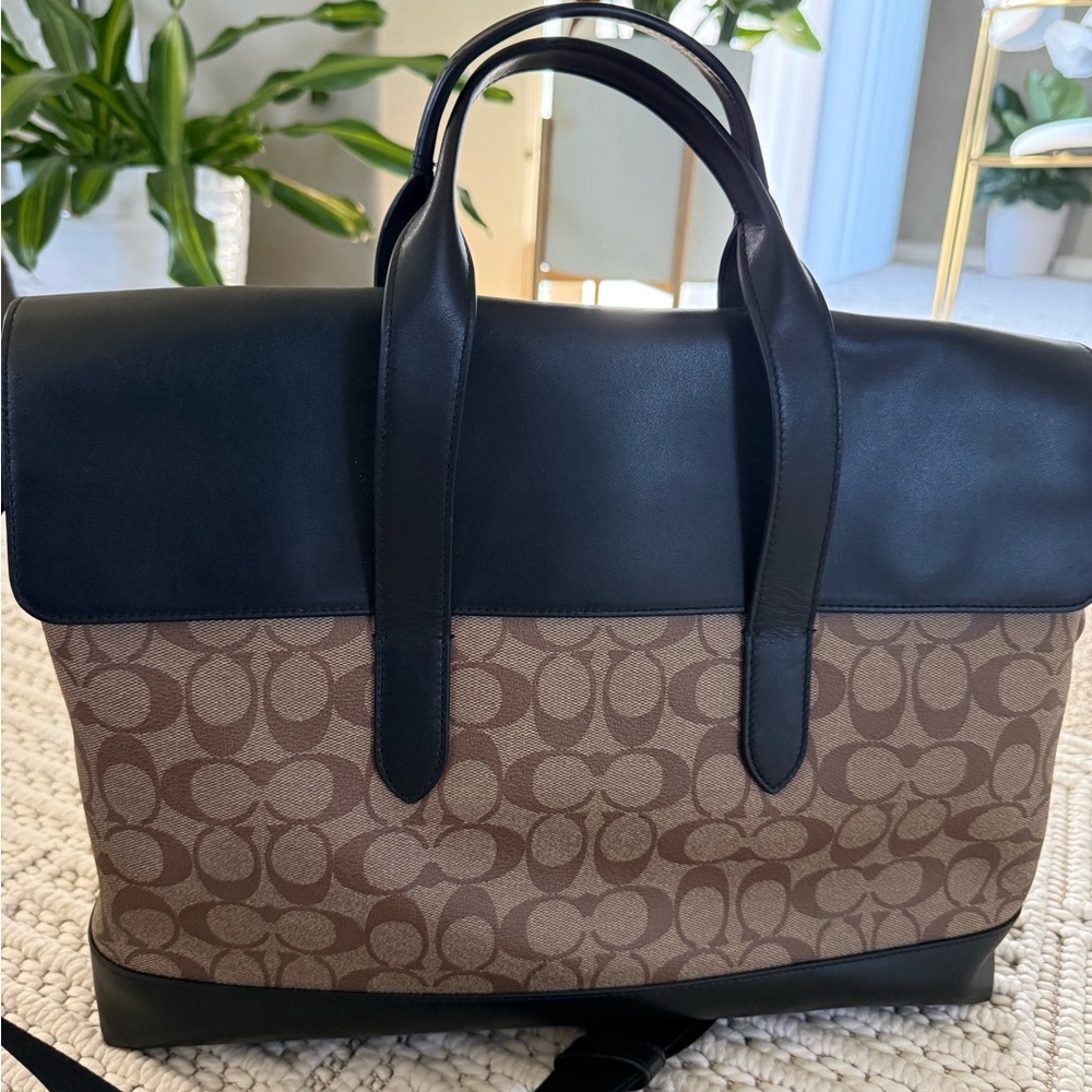 Coach Black Leather and Brown Patterned Briefcase